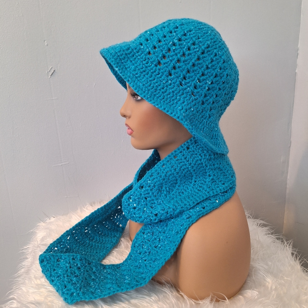 Handmade crochet turquoise sequin scarf & hat set